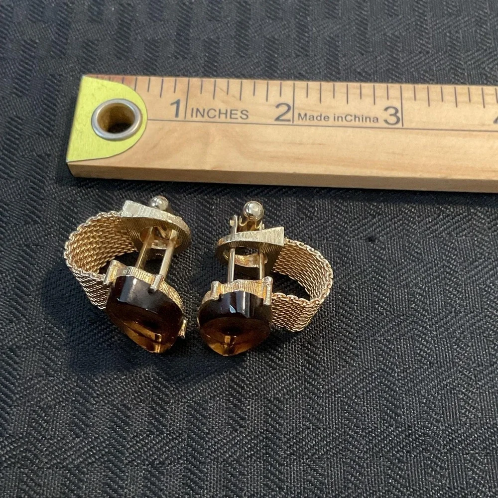 Vintage Gold Tone Mesh Cufflinks Mens Brown Stone Bullet Back Wedding Dress